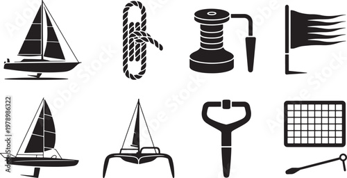 Collection of nautical and maritime silhouette icons including sailboats, flags, and tools