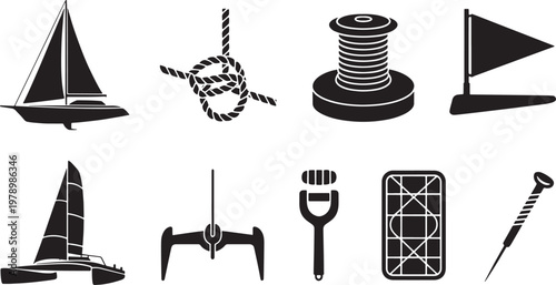 Collection of nautical equipment and sailboat silhouettes, vector art