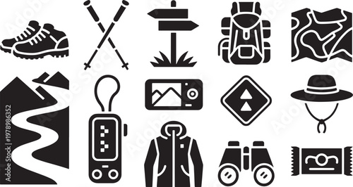 Collection of outdoor adventure and hiking equipment icons in a clean line art style