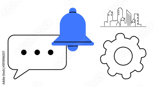 Digital communication, notification alerts, smart city planning, urbanization, automation, system settings. A bell icon, speech bubble, city skyline and gear communication and automation concepts