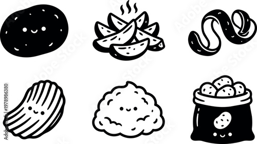 Cute potato character with wedges slices peel and sack vector art