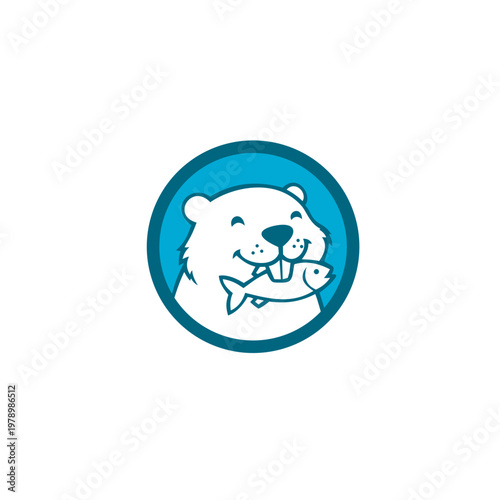 Cute illustration of a beaver holding a fish inside a circular badge, in a clean, modern, and friendly vector style