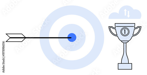 Goal achievement concept. Target success visual with an arrow hitting the bullseye and a trophy icon achievement. Perfect for business, motivation, strategy, success metrics, and leadership