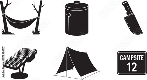 Set of camping and outdoor adventure vector icons: hammock, lantern, tent, knife, birdhouse, ra