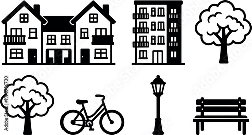 Residential houses trees bicycle lamp bench