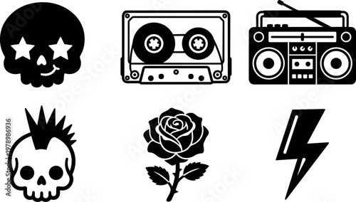 Black silhouette icons of skulls cassette rose lightning and boombox
