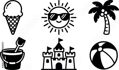 Black and white summer icons ice cream sun sunglasses palm tree bucket castle beach ball