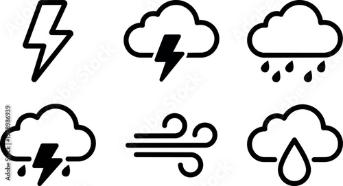 Black and white line art weather icons showing storm rain and wind symbols