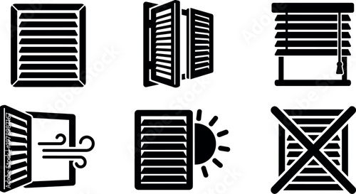 Black and white louver window blinds and shutters icons set
