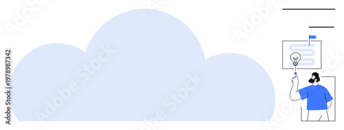 Cloud computing, data analysis, innovation, brainstorming, storage solutions, ideas development, digital technology. Large cloud with a person exploring data insights. Cloud computing and data