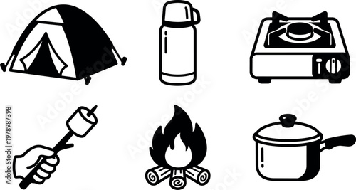 Black and white camping gear icons tent thermos stove fire marshmallow cooking pot