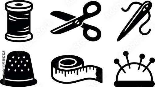 Black and white sewing tools icons including spool scissors needle thimble tape measure and pincushion