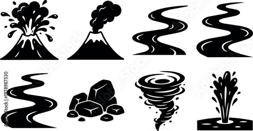 Erupting volcano plume rocks and tornado swirl elements