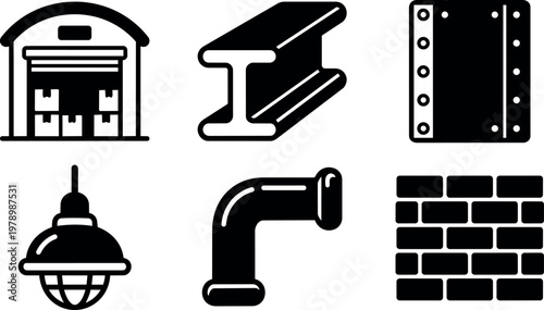 Black and white icons of warehouse beam pipe brick wall and industrial lamp