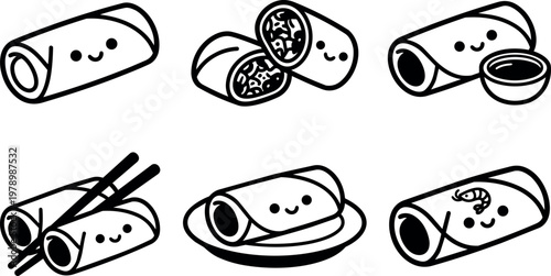 Cute black and white spring roll vector art with happy faces and chopsticks