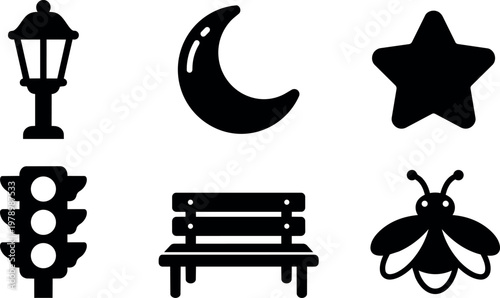 Black silhouette icons moon star bench street lamp traffic light and bee