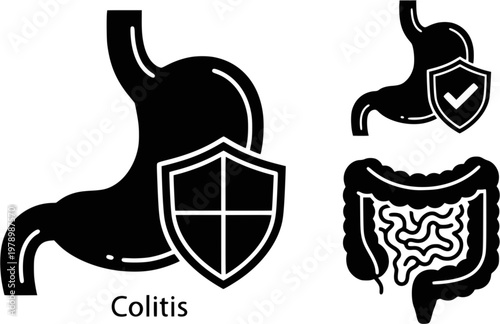 Colitis intestine icon set. Stomach with protected health sign. Check health bowel symbol for medical design. Vector illustration.
