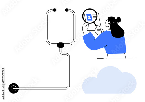 Identity verification. Person inspecting ID with magnifying glass linked to digital system and cloud. Identity verification enhances security, data protection, and credential authentication