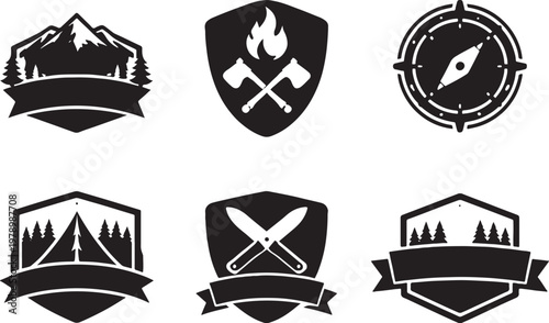 Survival badge shapes silhouette set mountain fire compass tent knife outdoor emblem icon bundle