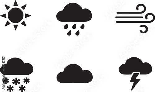 Survival weather icons silhouette set sun rain wind snow cloud storm environmental icon bundle
