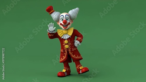 3D Animated Ornate Royal Clown in Red and Gold Suit with Open Arms