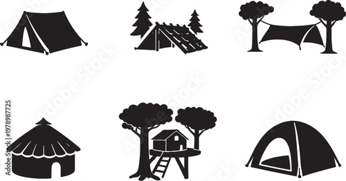 Outdoor shelter icons silhouette set tent lean to tarp hut tree shelter portable tent bundle