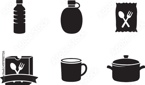 Water food supply icons silhouette set bottle canteen ration box cup cooking pot survival bundle