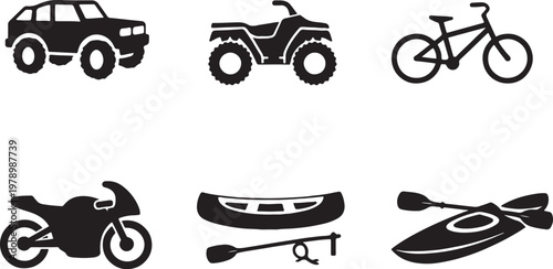 Outdoor Transport Icons Silhouette Set Off Road Truck ATV Bicycle Motorbike Canoe Kayak Adventure Icons