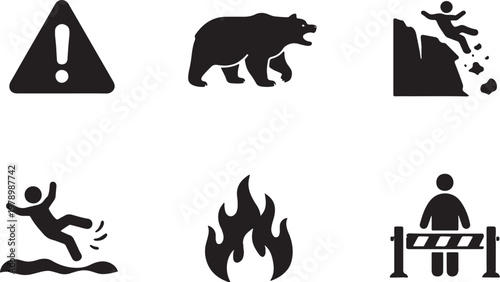 Outdoor warning icons silhouette set danger wild animal cliff slippery fire hazard restricted area bundle