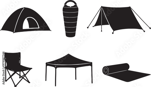 Shelter and Camp Setup Silhouette Set Outdoor Camping Tent Sleeping Bag Tarp Chair Portable Shelter Icons