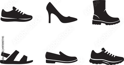 Shoes Collection Silhouette Set Sneakers High Heels Boots Sandals Loafers Running Shoes Icons