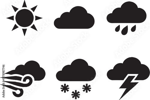 Outdoor weather silhouette icons set sun cloud rain wind snow storm symbols
