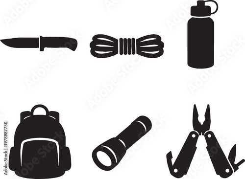 Survival essentials silhouette icons set knife rope water bottle backpack flashlight multitool