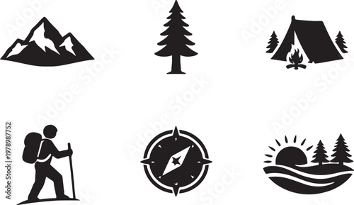 Outdoor brand mark icons silhouette set mountain tree camp adventure explorer nature symbol bundle