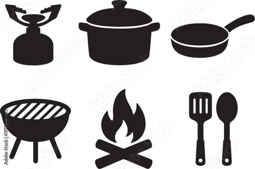 Outdoor cooking silhouette icons set camp stove pot pan grill fire utensils