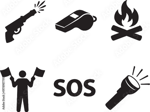Outdoor signal silhouette icons set flare whistle fire flag SOS light emergency signals
