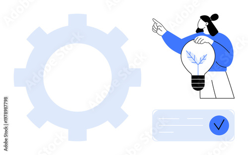 Innovation, problem-solving, creativity, teamwork, productivity, goal setting. A person pointing while holding a light bulb with a tree inside, gear and checklist visible. Innovation