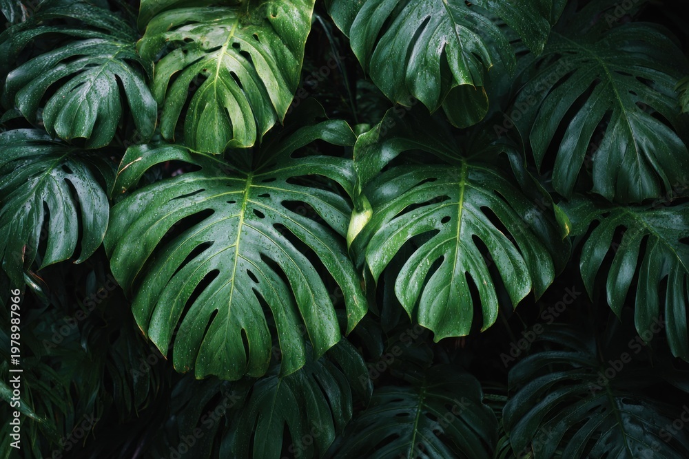 Obraz premium Lush green monstera leaves create a vibrant, tropical aesthetic, showcasing their distinctive split patterns and rich texture.