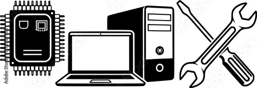Technology repair tools and devices: laptop, computer, chipset, wrench and screwdriver icons
