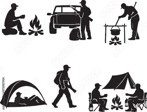 Hunting camp life silhouettes set outdoor camp activities hunter scenes black vector bundle