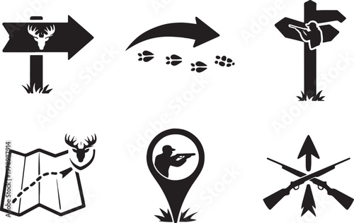 Hunting direction icons silhouettes bundle arrow trail map route navigation marker black isolated icons set