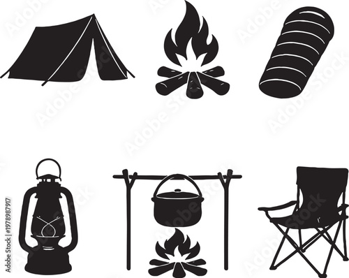 Hunting camp silhouettes set tent campfire sleeping bag lantern cooking pot chair vector bundle
