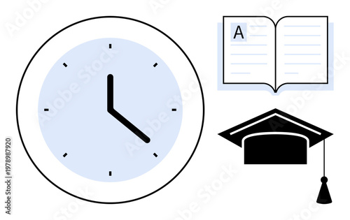 Education, time management, knowledge, academic success, lifelong learning, personal growth. Visible items include a clock, open book and a graduation cap. Education and time management concept