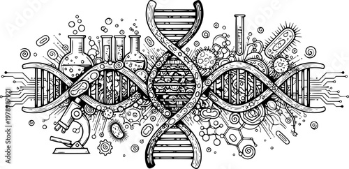 Scientific innovation: dna, microbiology, biotech, and research illustration
