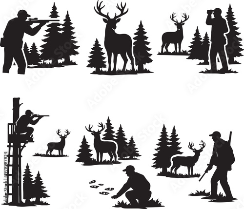 Deer hunting scenes silhouette hunter deer tracking aiming forest set black vector isolated