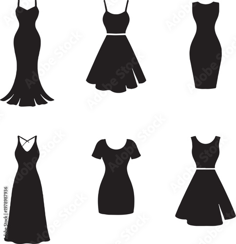 Dress silhouette collection icons set evening gown summer bodycon maxi mini a line dresses