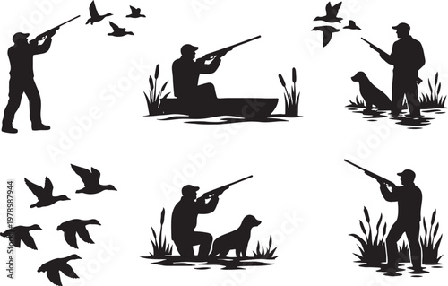 Duck hunting scenes silhouettes bundle hunter boat dog flying ducks marsh black isolated icons set