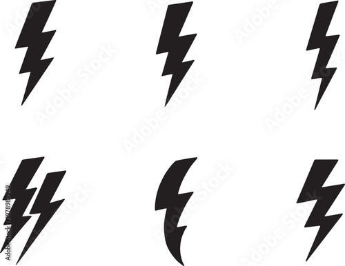 Black lightning bolt silhouettes bundle zigzag electric energy symbols set clean vector isolated
