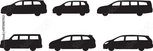 Black minivan silhouettes bundle family compact electric boxy vehicle set clean vector isolated shapes