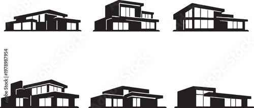 Black modern house silhouettes bundle flat roof minimalist architecture set clean vector isolated shapes